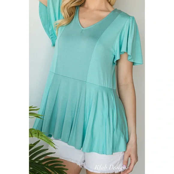 LAST 2! V Neck Ruffle Sleeve Monotone Color Block Fit and Flare Knit Top! - Picture 8 of 8